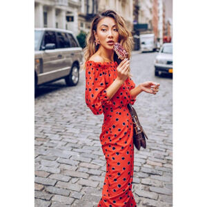 Saloni Midi Dress SILK Red White Black Polka Dot Grace Off Shoulder Ruffle XS 0